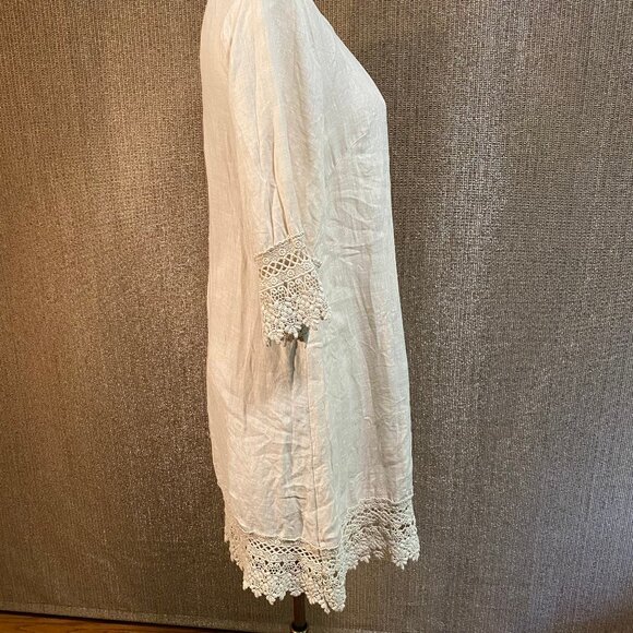 Stella Rosa Pure Linen Ecru Shift Dress w/Lace Edged Sleeves & Hem sz: XS-M - Picture 4 of 10
